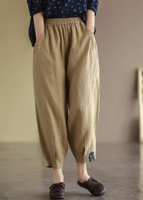 Don’t Miss Out Plus Size Khaki Elastic Waist Patchwork Applique Linen Harem Pants Fall