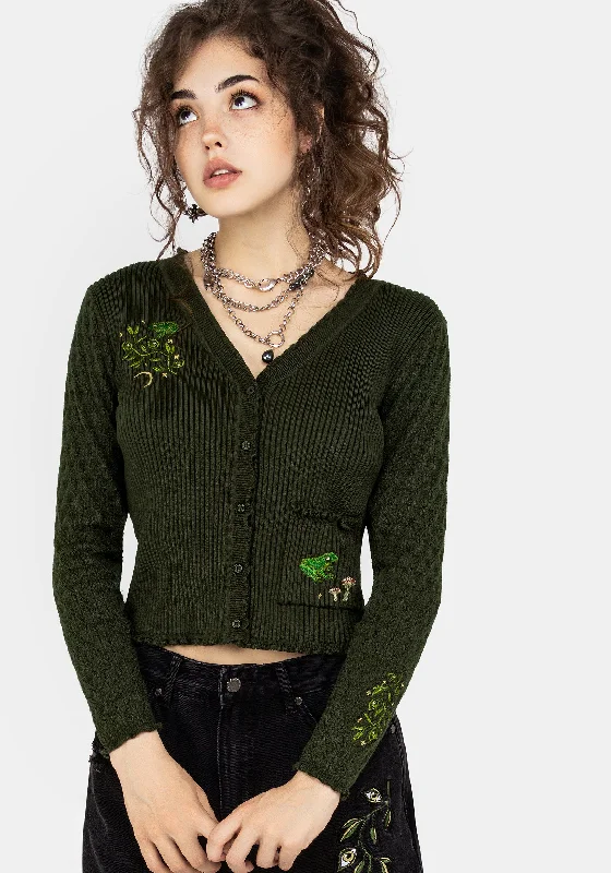 Closeout Swamplife Embroidered Pointelle Knit Crop Cardigan