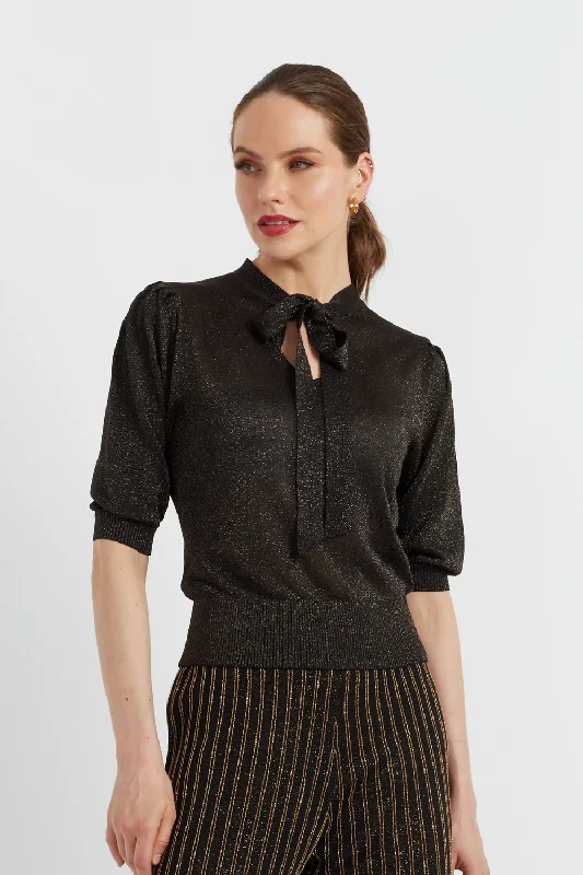 Weekend Deals to Brighten Your Day Black Lurex Pussy-Bow Top