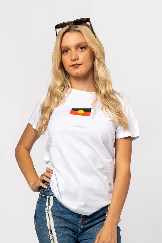 Weekend Special "Raise the Flag" Aboriginal Flag (Small) White Cotton Crew Neck Womens T-Shirt