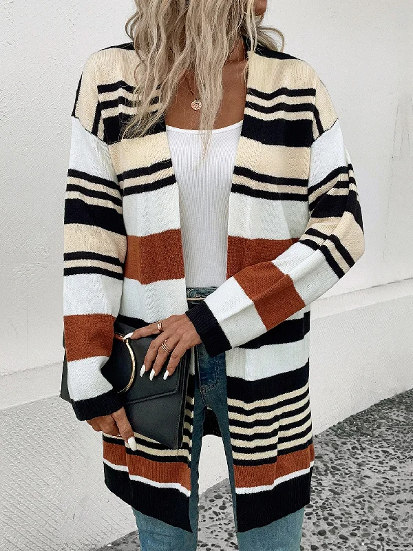 Exclusive Weekend Offers Inside Perfee Striped Open Front Drop Shoulder Cardigan