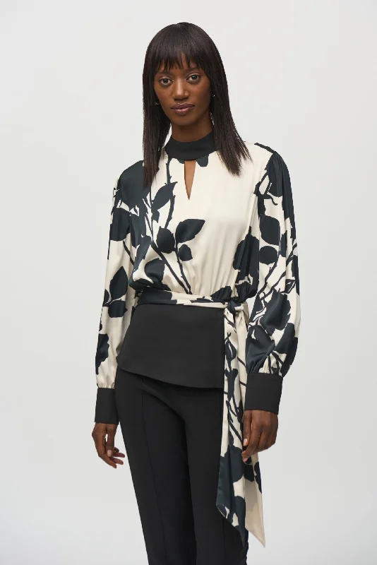 Final Offer Joseph Ribkoff Black/Moonstone Floral Satin Peplum Top 244942