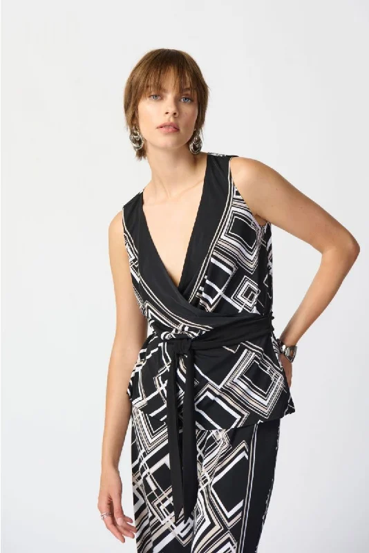 Online Only Joseph Ribkoff Black/Multi Geometric Print Belted Sleeveless Wrap Top 241085