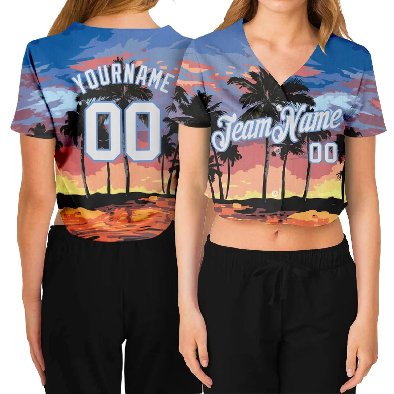 Price Cut Custom Women's Light Blue White-Light Blue Hawaii Palm Trees 3D V-Neck Cropped Baseball Jersey