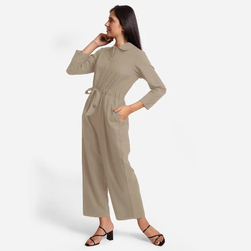 Take Advantage Beige Flat Collar Cotton Flax Elasticated Wide Legged Overall