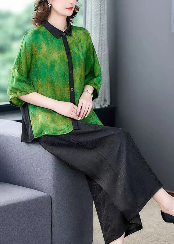Closeout Sale Green Print Patchwork Silk 2 Piece Outfit Shirts Tops And Pants Summer