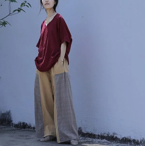 Lowest Rates Loose Patchwork Cotton Linen Pants Ladies Vintage Elastic Waist Retro Wide Leg Pants