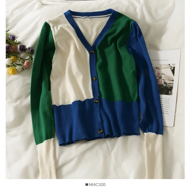 Mega Sale New contrast stitching V-neck single breasted long sleeved women's T-shirt  1890