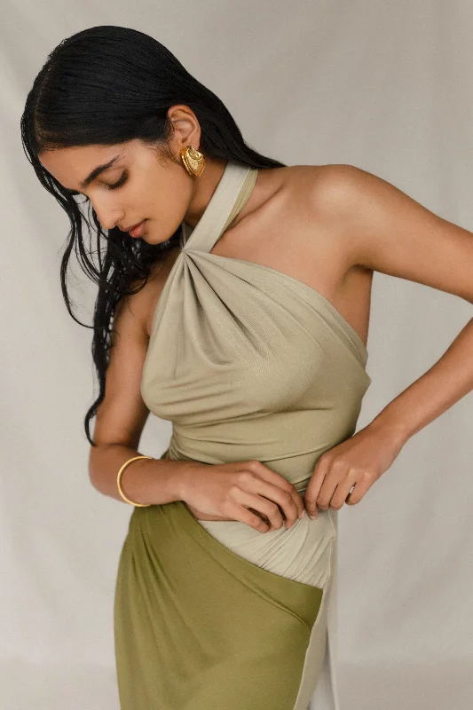 Major Savings Bronwyn Slinky Halter Crop Top - Ombre Vintage Olive