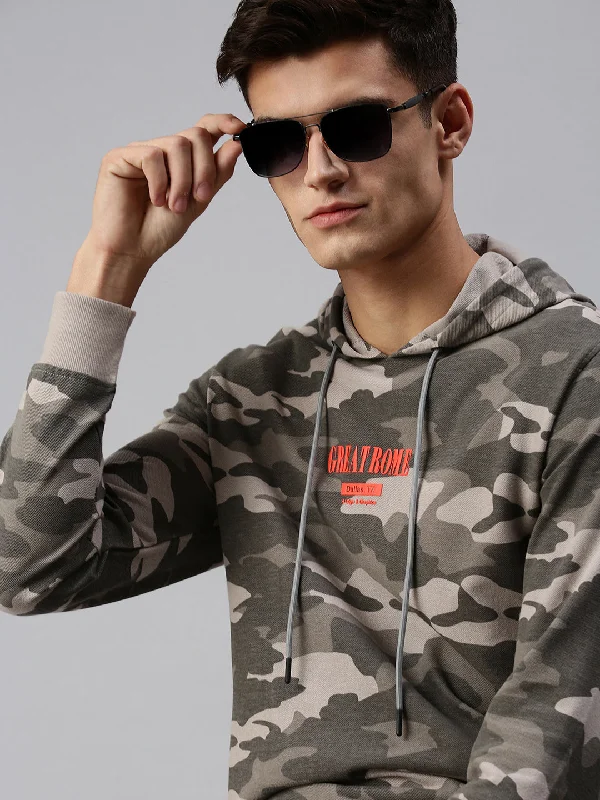 Men Hooded Camouflage Grey Pullover