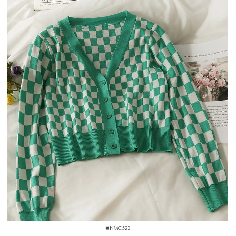 Stock Clearance Plaid short single breasted long sleeved cardigan  1855