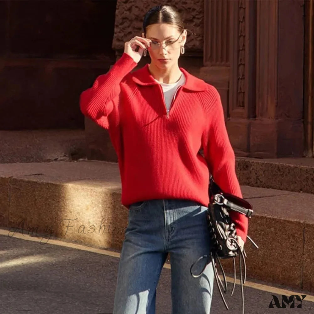 Reduced Prices Casual Zipper Long Sleeve Pullover Solid Loose Warm Christmas Sweater