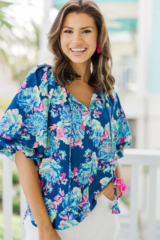 Discount Days All For The Fun Navy Blue Floral Blouse