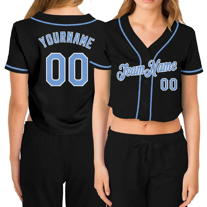 Instant Discount Custom Women's Black Light Blue-White V-Neck Cropped Baseball Jersey