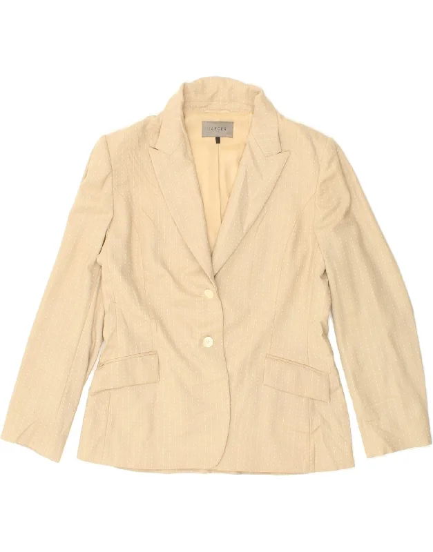 Buy Now JAEGER Womens 2 Button Blazer Jacket UK 16 Large Beige Striped Virgin Wool