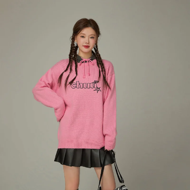 Can't Miss Logo Star Lettering Loose Fit Knit Sweater