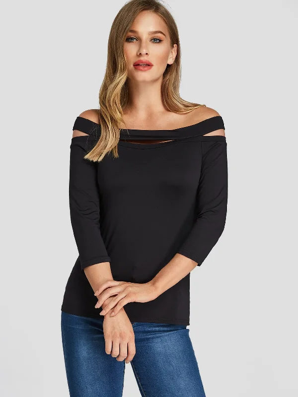 Year-End Clearance Wholesale Off The Shoulder Hollow 3/4 Length Sleeve Black Top