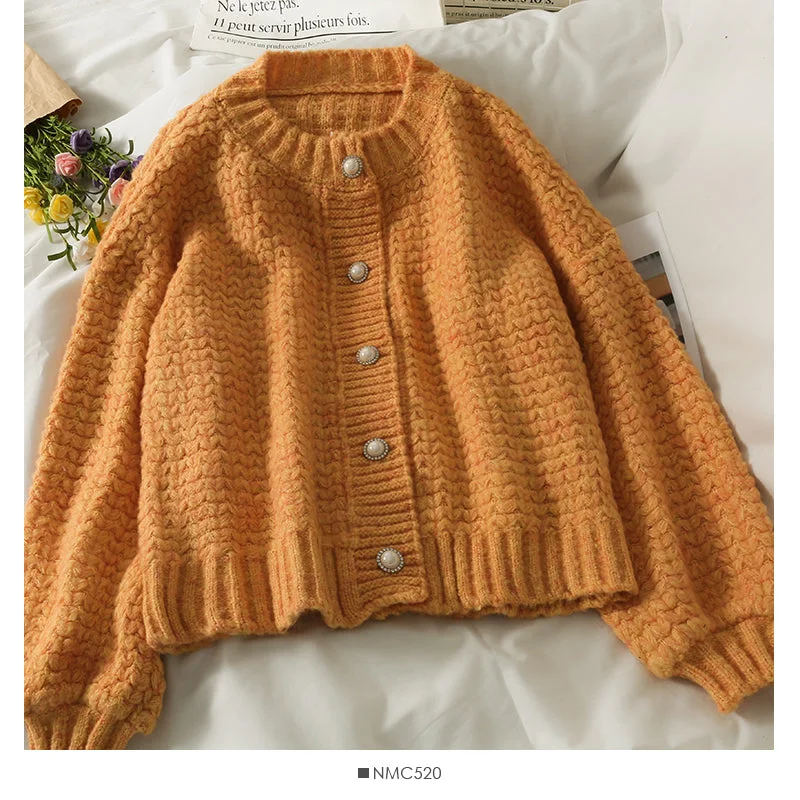 Price Rollback Crew neck single breasted long sleeved cardigan versatile sweater female  1856