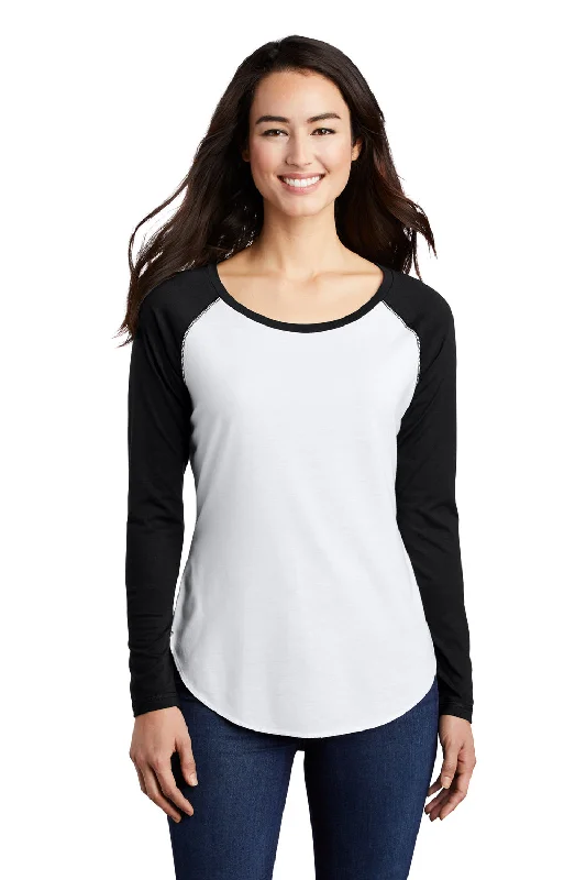 Take Advantage Sport-Tek Womens Moisture Wicking Long Sleeve Scoop Neck T-Shirt - White/Black