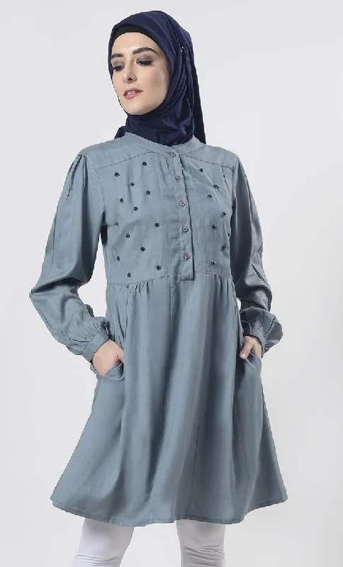 Today’s Deal Amazing Grey Hand Work Embroidered Front Open Button Tunic