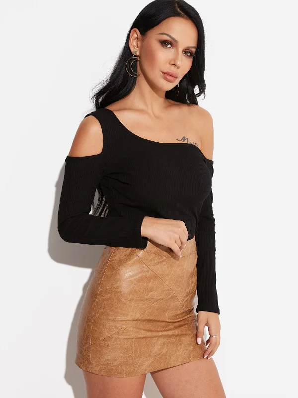 Today Only Custom One Shoulder Long Sleeves Knitted T-shirt