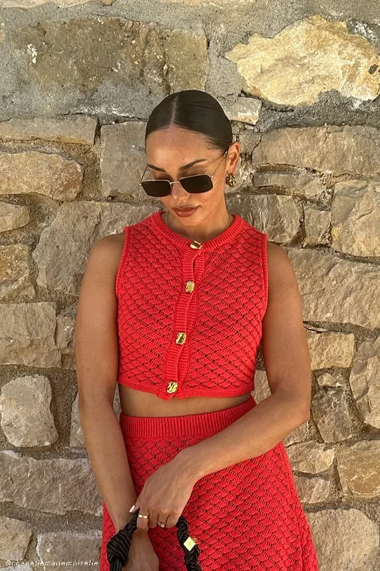 Customer Appreciation Sale Lorenza Crochet Button Down Crop Top - Pomegranate