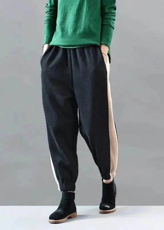 Huge Discounts Loose Black Pockets Patchwork Sports Winter Pants