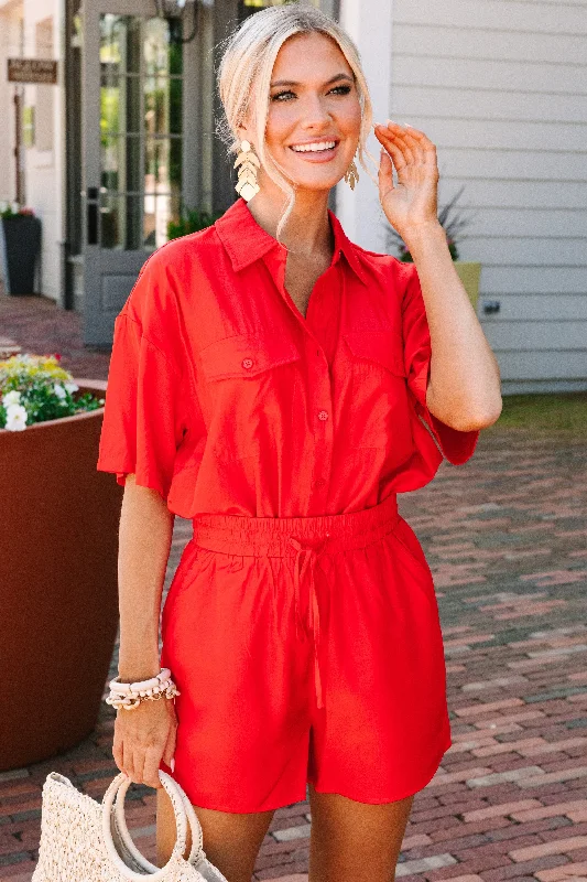 Crazy Savings On An Adventure Red Button Down Top