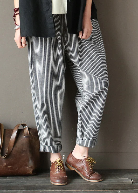 Act Fast Linen Grey Striped Elastic Waist Linen Beam Pants Spring