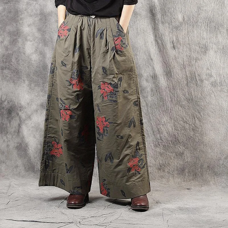 Shop and Save Modern Army Green Pockets Tie Waist Print Fall Wide Leg Pants