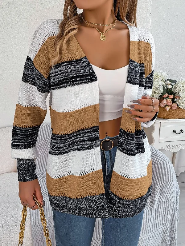 New Deal Openwork Striped Open Front Cardigan