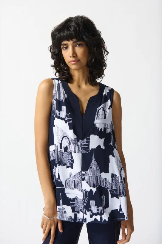 Weekend Deal Joseph Ribkoff Vanilla/Midnight Blue Cityscape Sleeveless Top 242233