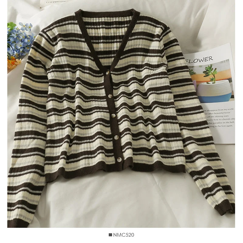 Hot Deal Striped single breasted V-neck cardigan thin top women  1892