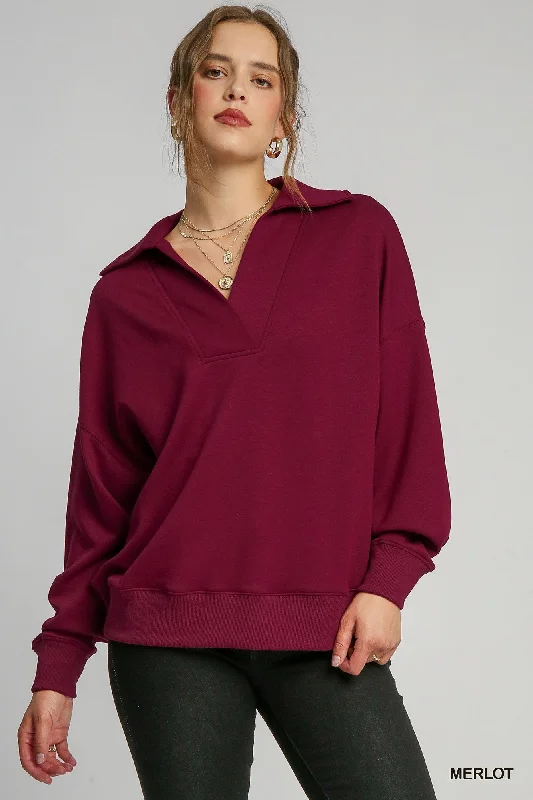 Weekend Bargains to Snag Umgee Johnny Collar Sweatshirt in Merlot