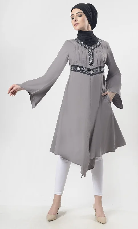 New Arrival Smooth Knife Pleated Detailing Asymmetric Tunic With Aari Work