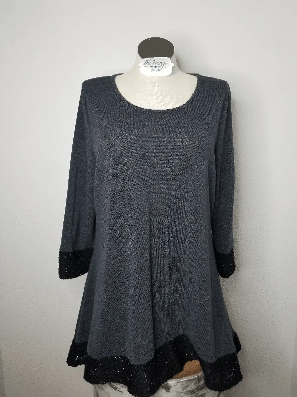 Midnight Madness Sequins Contrast 3/4 Sleeve Hi-Lo Sweater