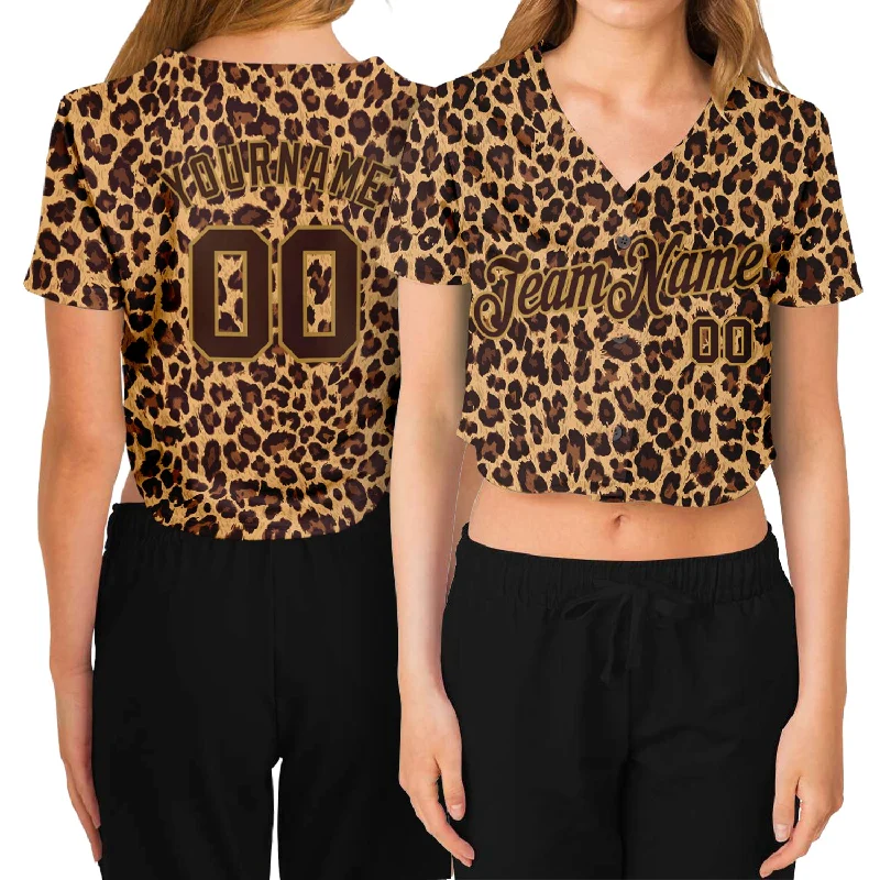 Weekend Discounts Worth Grabbing Custom Women's Brown Brown-Old Gold Leopard 3D V-Neck Cropped Baseball Jersey