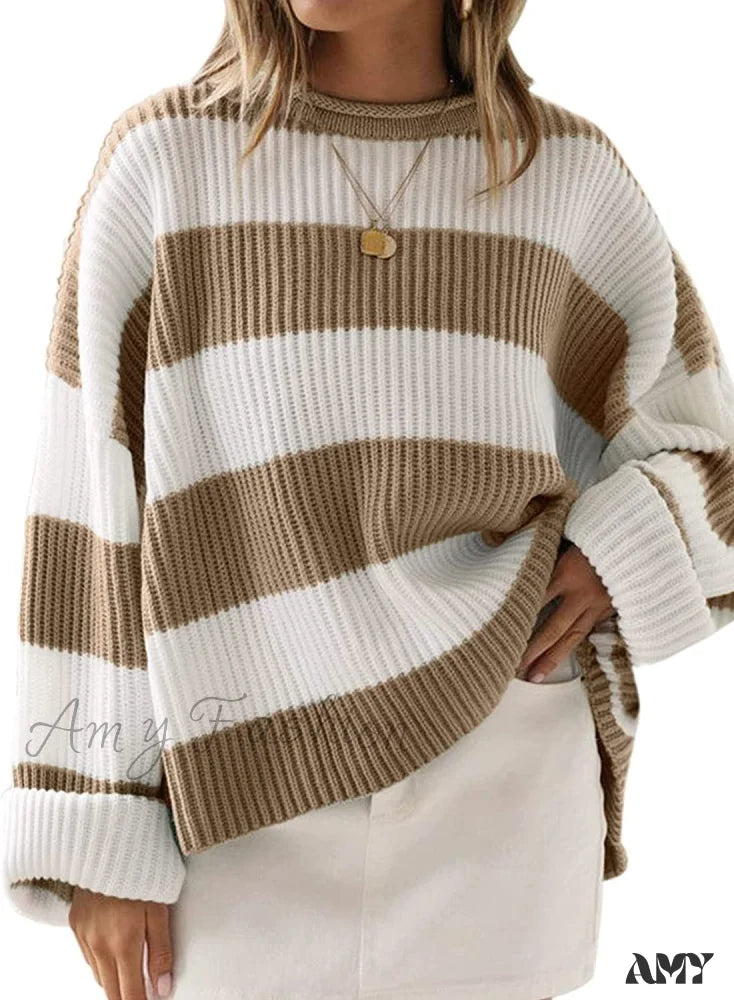 Steals and Deals Amy Fashion - Women's Striped Color Comfy Knitted Sweater