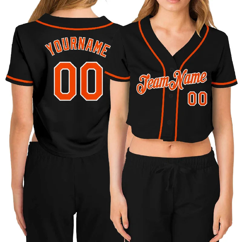 Weekend Discounts to Grab Custom Women's Black Orange-White V-Neck Cropped Baseball Jersey Weekend Discounts to Grab Custom Women's Black Orange-White V-Neck Cropped Baseball Jersey