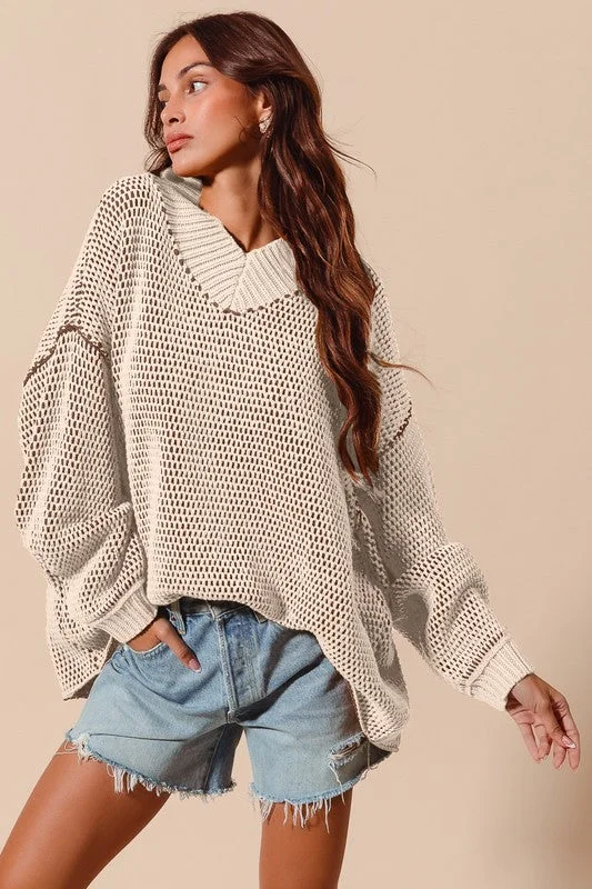 Weekend Savings Bonanza RUBY OVERSIZED TWO TONE TEXTURED V NECK SWEATER TOP S-XL