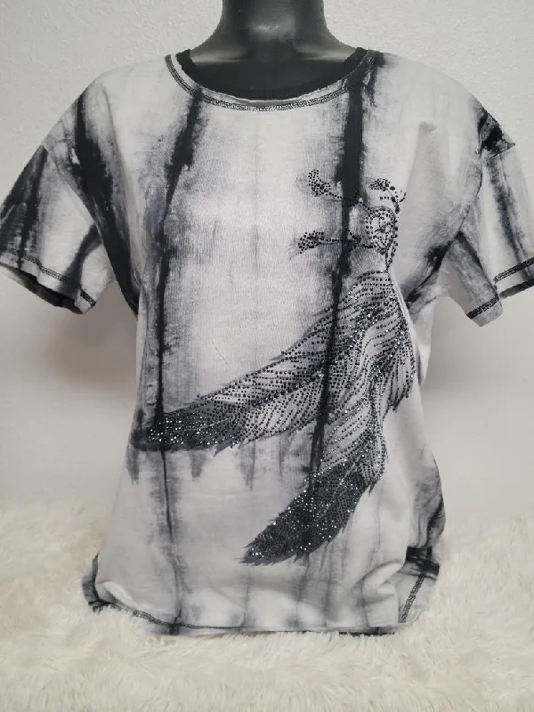 Value Deals Feather Print Mineral Washed Tee with Crystals