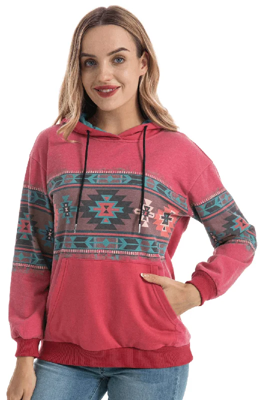 Exclusive Deal American Bling Women Aztec Graphic Hoodie-Red
