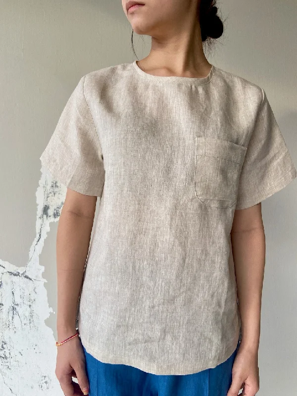 Unmissable Offer Linen Short Sleeve Top with Pocket in Natural