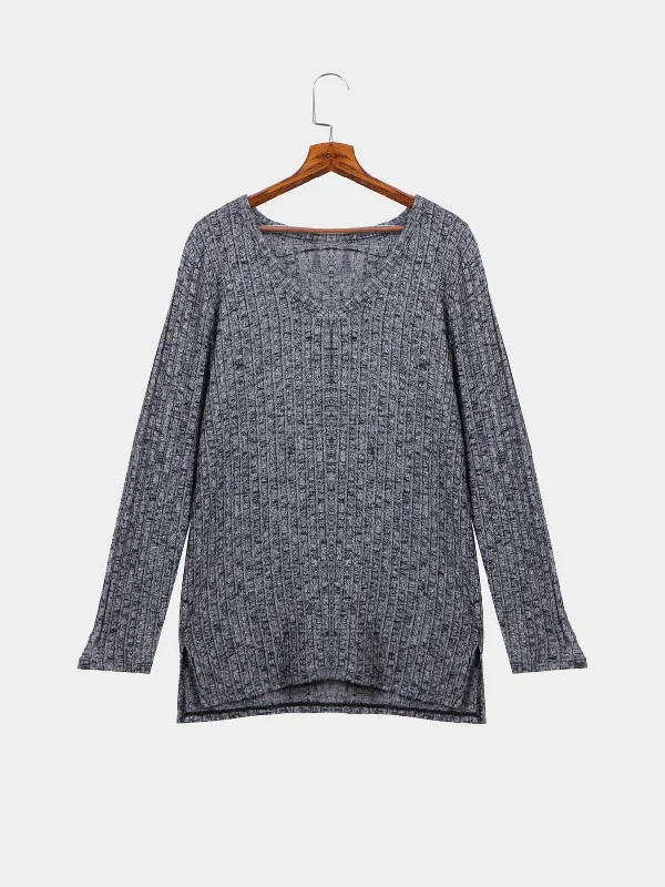 Super Discount Custom Long Sleeve V Neck Plain Split Side Grey T-Shirts