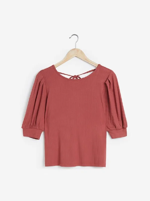 Deal of the Day LOV Brown Pink Ribbed Tie-Up Design Top