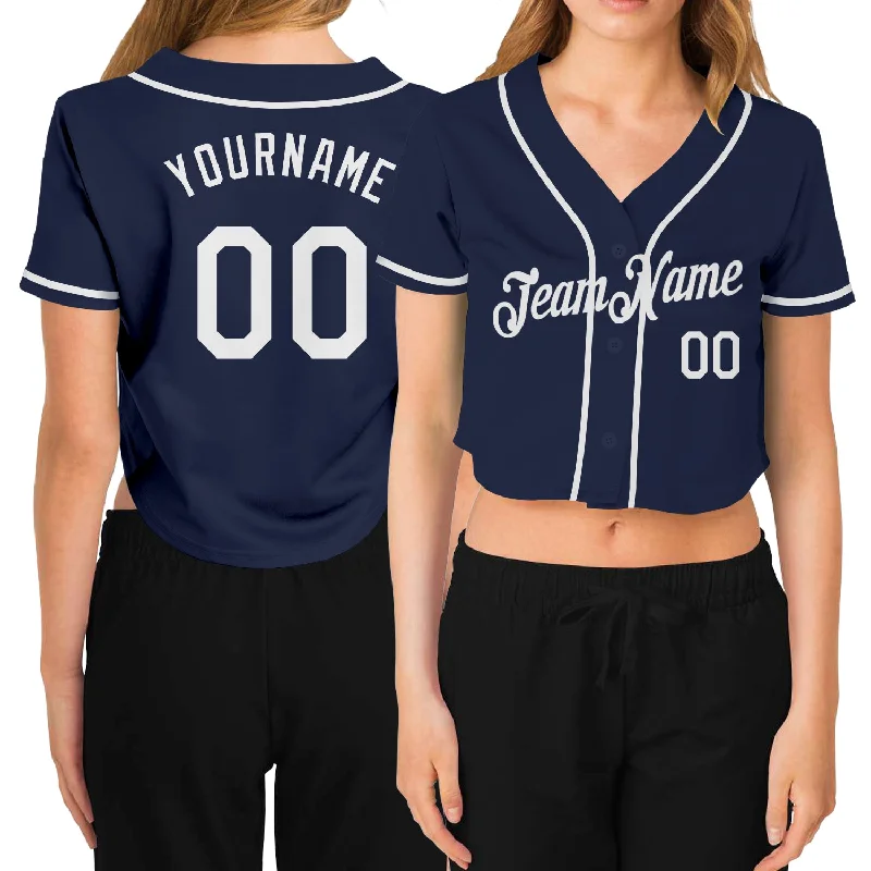 Clearance Event Custom Women's Navy White V-Neck Cropped Baseball Jersey
