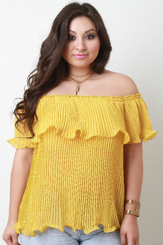 Discount Deals Chiffon Off The Shoulder Pleated Ruffle Blouse