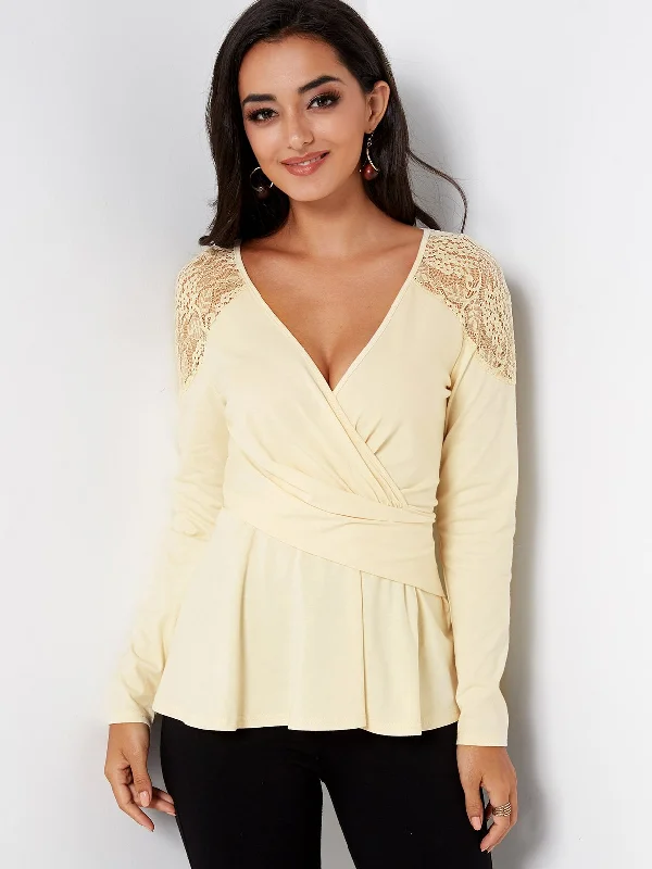 The Best Deal Custom V-Neck Lace Pleated Long Sleeve Beige T-Shirts