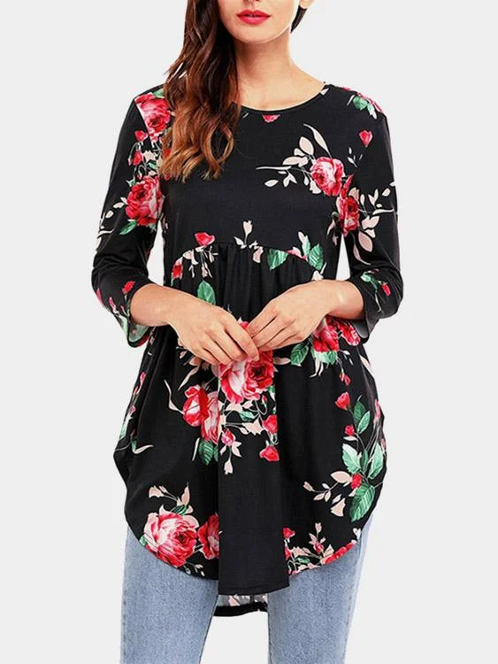 Deal Alert Custom Round Neck Floral Print 3/4 Sleeve Curved Hem Black T-Shirts