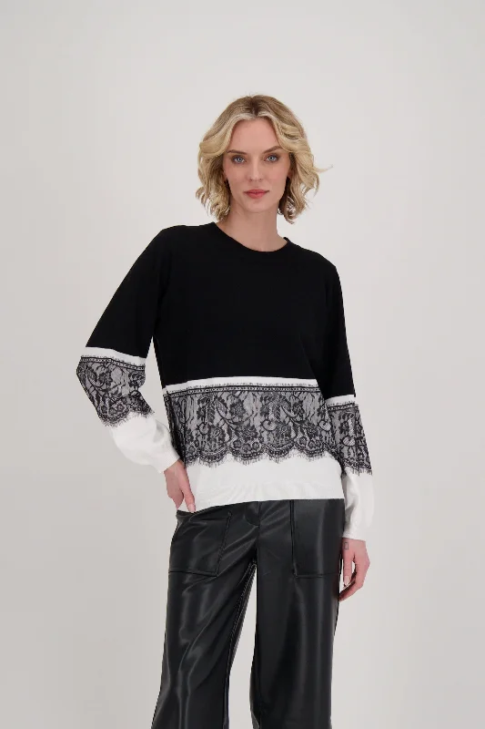Hurry In Contrast Lace Panel Sweater Top